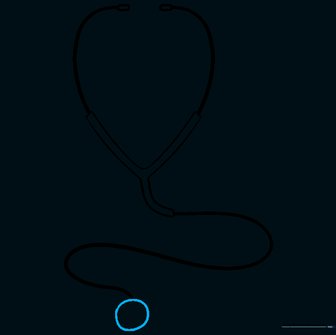 A circle drawn at the end of the stethoscope tube to form the chest piece.