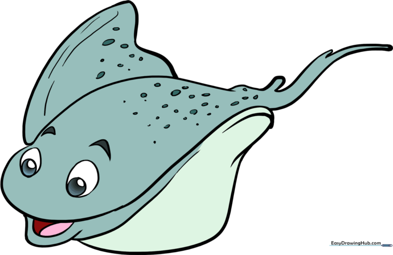 A friendly, cartoon-style stingray swimming, serving as the final goal for the drawing tutorial.