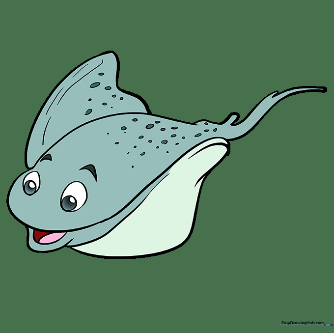 Finished, colored stingray drawing with vibrant spots and shading.