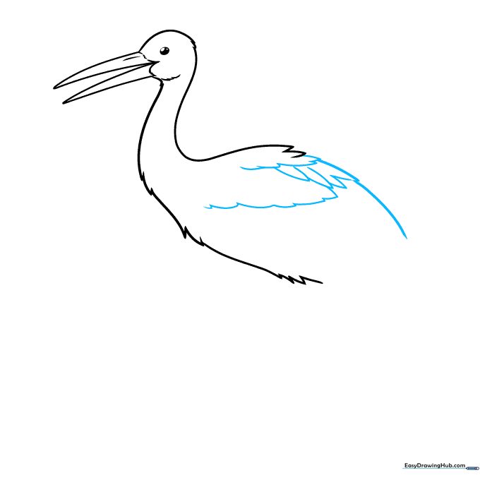 Adding the first layer of wing feathers to the stork's body using overlapping curved lines.