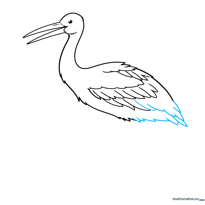 Completing the stork's belly and tail section with textured feather lines.