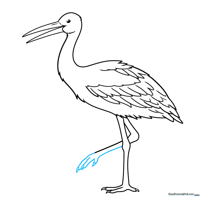 Finalizing the details of the stork's feet and claws.
