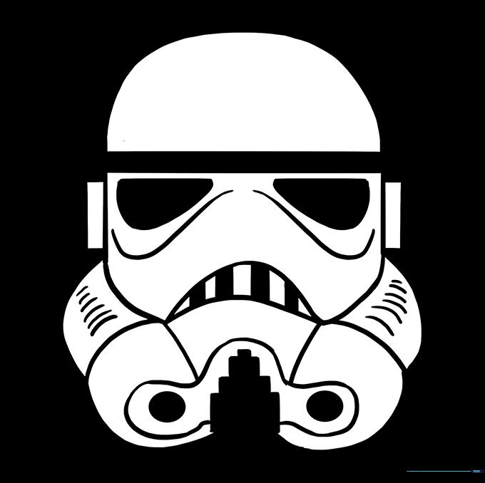 Finished Stormtrooper helmet drawing with black and white coloring.