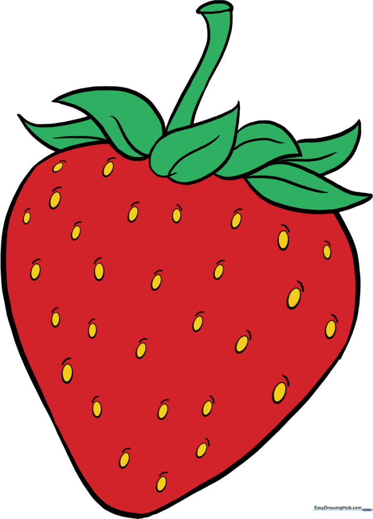 A bright, finished strawberry drawing, perfect for kids to emulate.