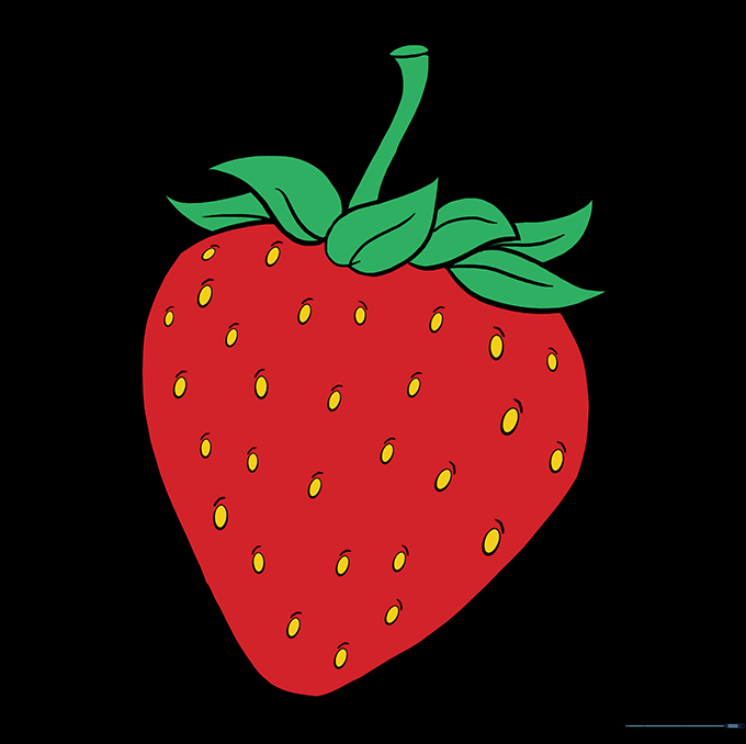 Fully colored strawberry drawing with red body, green leaves, and dark seeds.