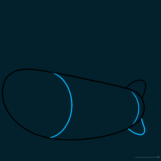 Submarine drawing showing added curved bands on the hull and a U-shaped rudder on the bottom.