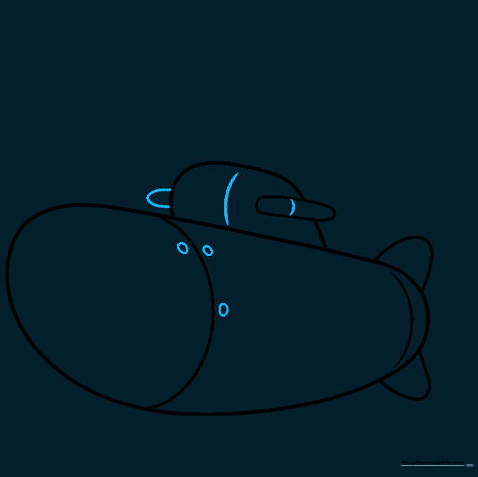 Submarine drawing with added sail plane detail and small circles representing rivets along the hull.