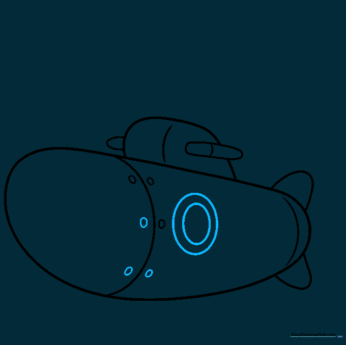 Submarine drawing showing the addition of a double-lined circular porthole on the side of the hull.