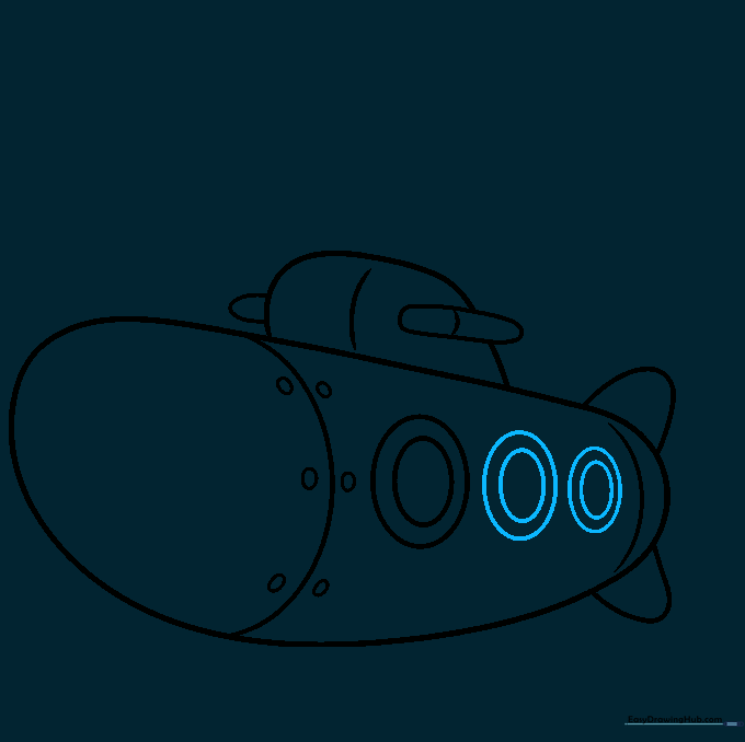 Submarine drawing showing a series of circular portholes aligned along the side of the hull.