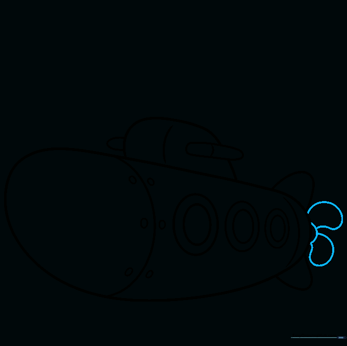 Submarine drawing showing the propeller assembly with fan-like blades at the rear.