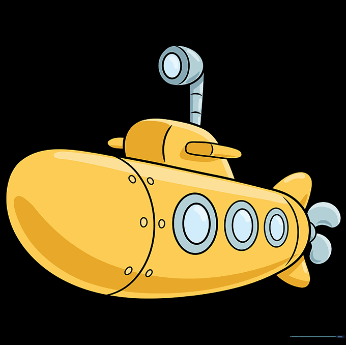 A fully colored, vibrant cartoon submarine drawing.