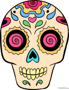 A vibrant, finished sugar skull drawing with intricate floral and geometric patterns.