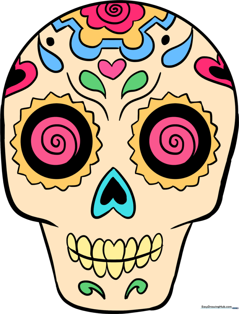 A vibrant, finished sugar skull drawing with intricate floral and geometric patterns.