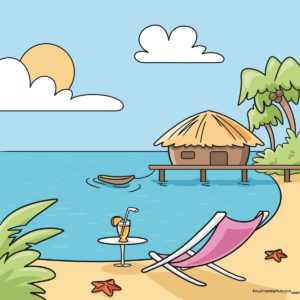 A colorful, finished drawing of a tropical summer vacation scene.