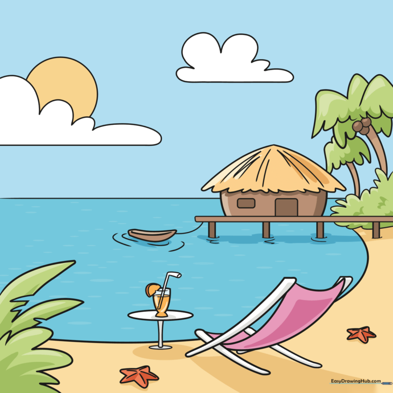 A colorful, finished drawing of a tropical summer vacation scene.