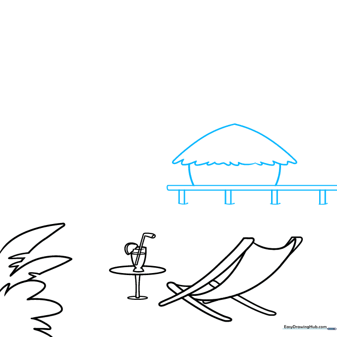 Sketching a stilt house on a wooden pier in the background.
