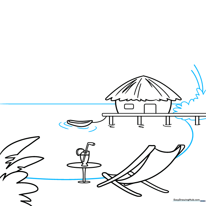 Drawing the horizon line, shoreline, and the base of a palm tree.