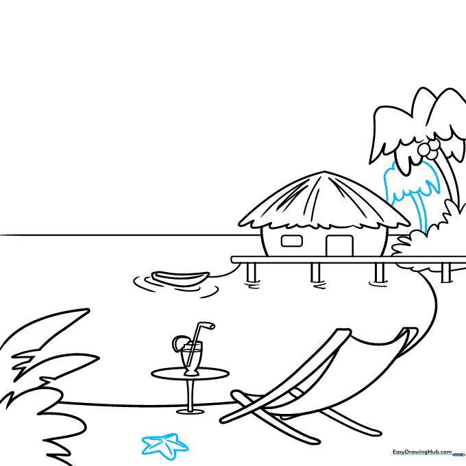 Drawing a starfish and a distant palm tree to complete the beach scene.