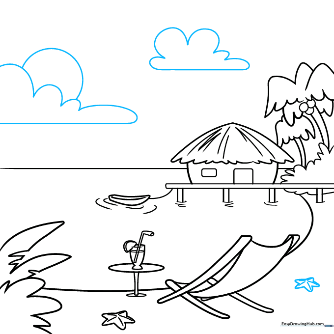 Adding clouds and a sun to the sky to complete the summer vacation drawing.