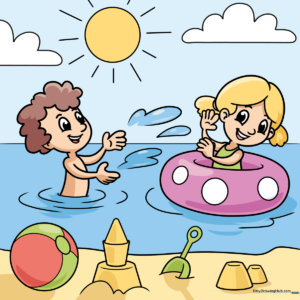 Colorful illustration of two children playing on a sunny beach, featuring a sandcastle and beach ball.