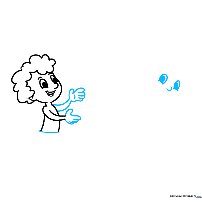 Sketching the boy's hands and the beginning of a second character's face.