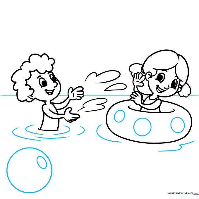 Drawing a horizon line, water ripples, and a beach ball.