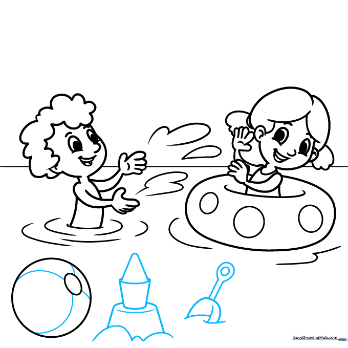 Adding a sandcastle, shovel, and beach ball details to the drawing.