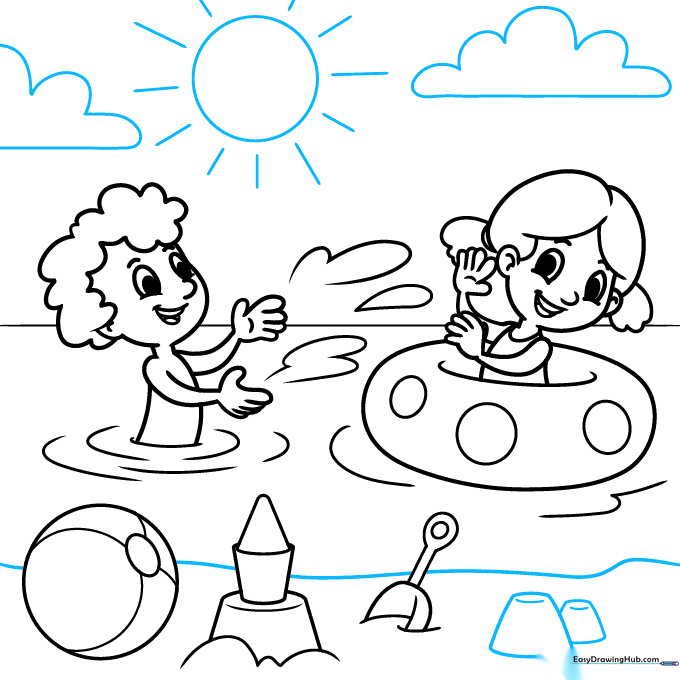 Adding final background details including clouds and the sun.