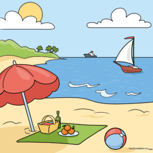 A colorful, finished summer beach scene drawing featuring a picnic, umbrella, and sailboat.