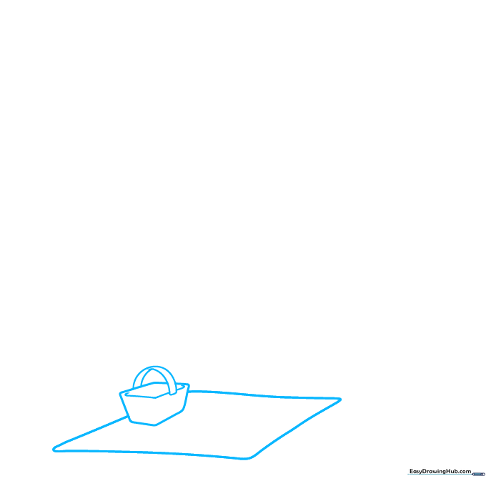 Pencil sketch of a picnic basket base and handle on a flat surface.