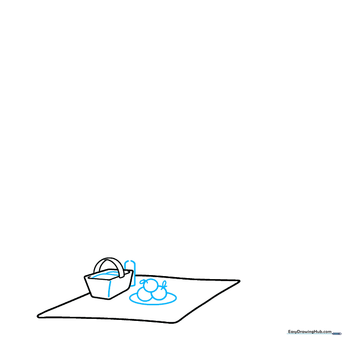 Drawing a bottle and a plate of oranges with leaves next to the picnic basket.