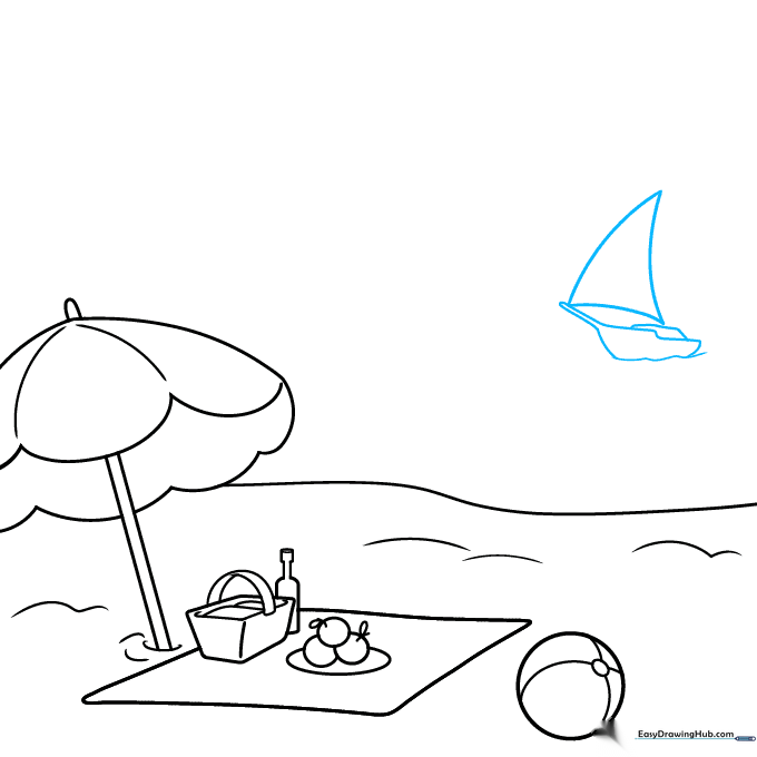 Drawing a small sailboat on the water in the background.