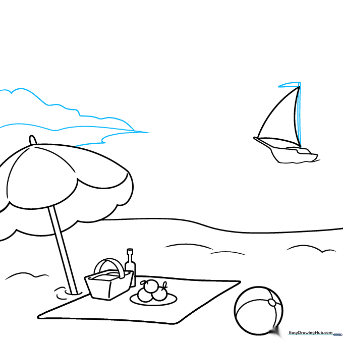 Adding a mast to the sailboat and drawing the distant coastline.