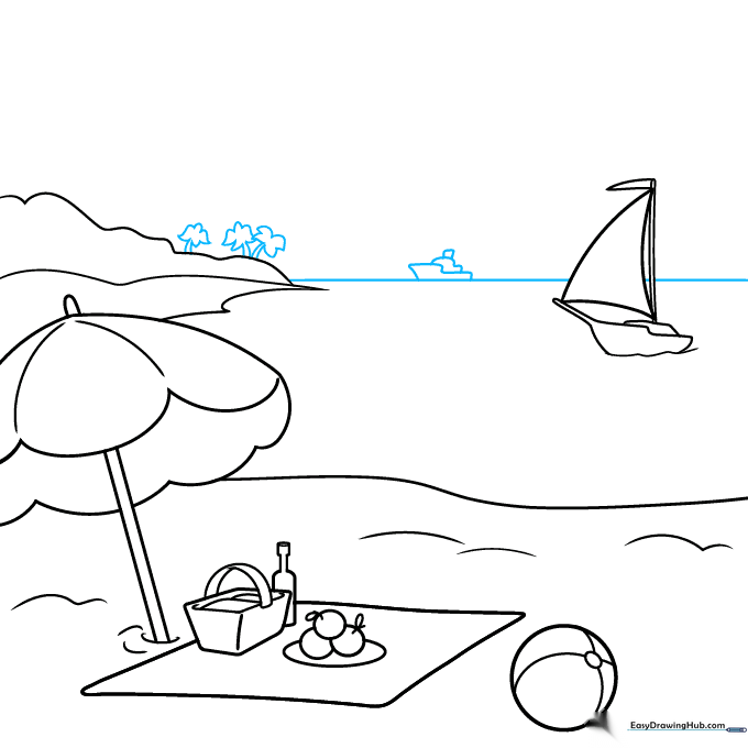 Sketching palm trees on the beach and a distant ship on the horizon.