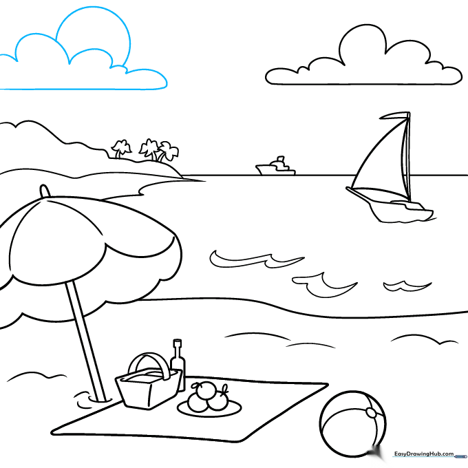 Drawing the sun partially obscured by a cloud in the sky.