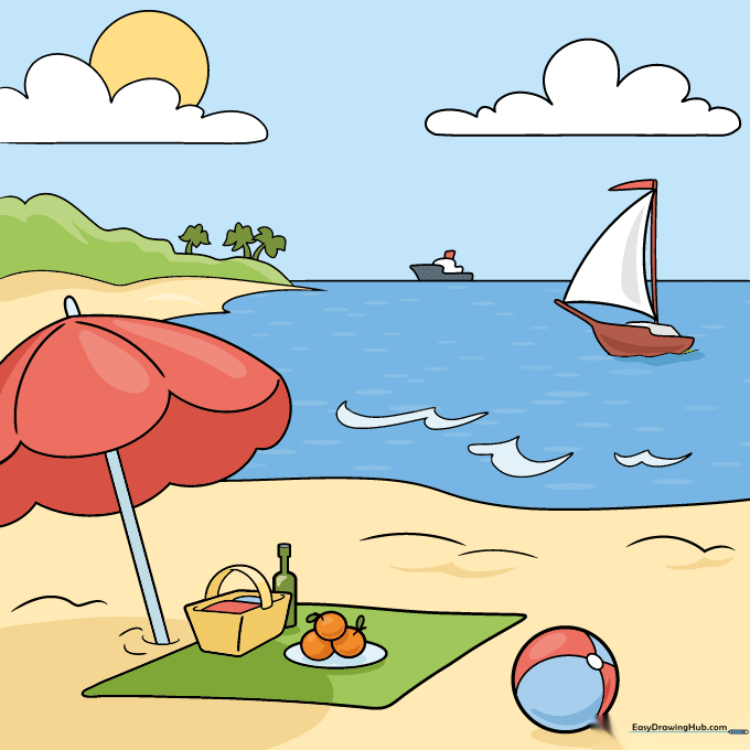 A fully colored summer beach scene with vibrant blues, yellows, and greens.