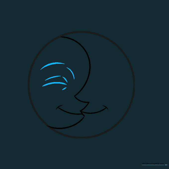 Detailing the sun's closed eye with curved lines for lids and eyebrows.