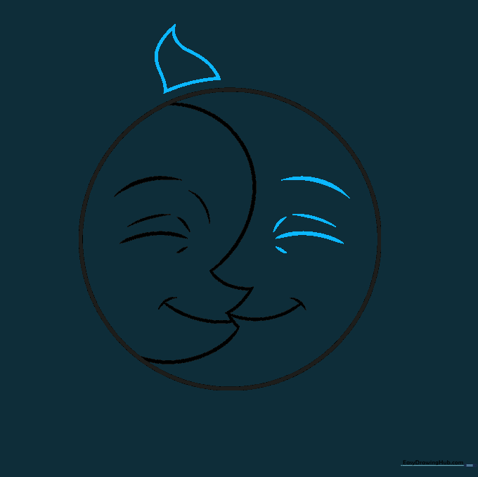 Adding the moon's closed eye and the first wavy triangular sun ray.