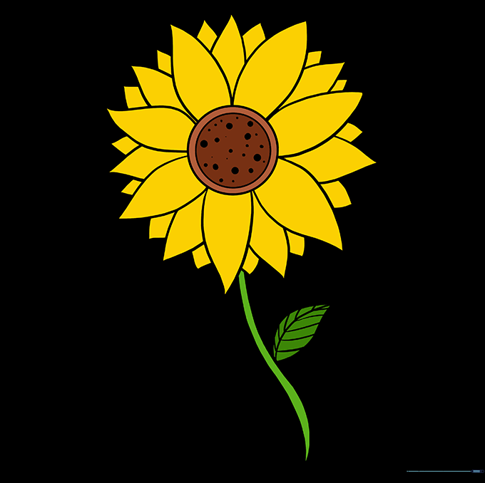 A fully colored, vibrant sunflower drawing with yellow petals, a brown center, and green leaves.