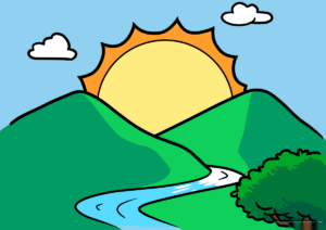 A vibrant, finished cartoon sunrise landscape drawing featuring mountains, a river, and a bright sun.