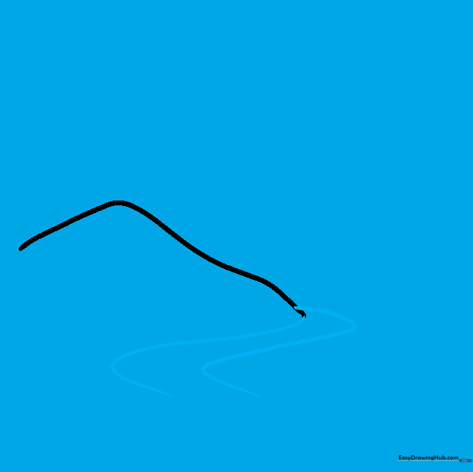 Drawing the riverbank using two parallel curved lines at the base of the mountain.