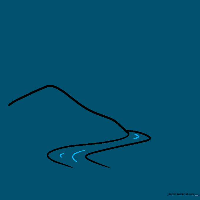 Adding short curved ripple lines inside the river section of the drawing.