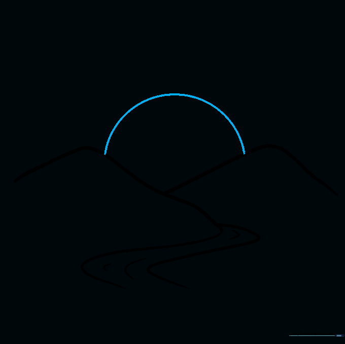 Drawing a semi-circle sun rising between the two mountain peaks.