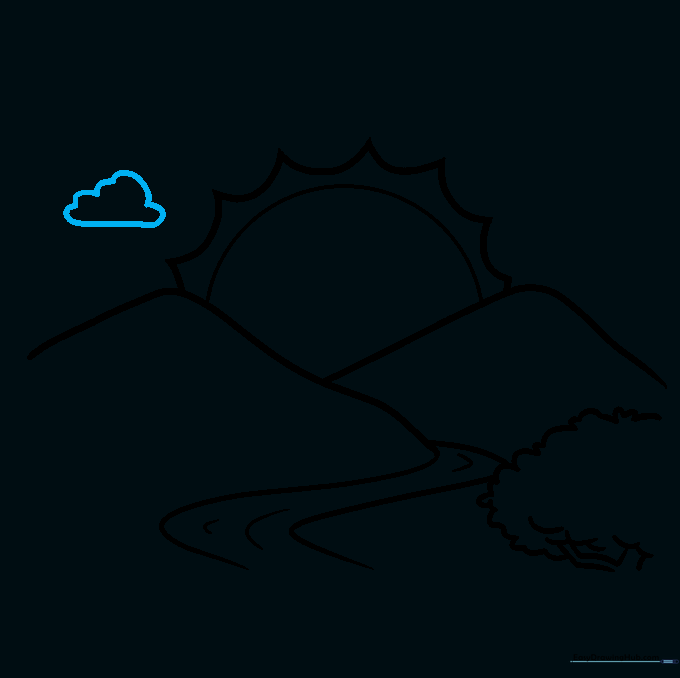 Drawing a single cloud in the sky with a flat base and rounded top.