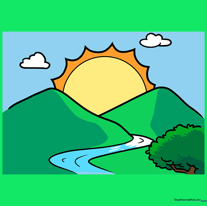 A fully colored sunrise landscape drawing with vibrant sky and mountain colors.