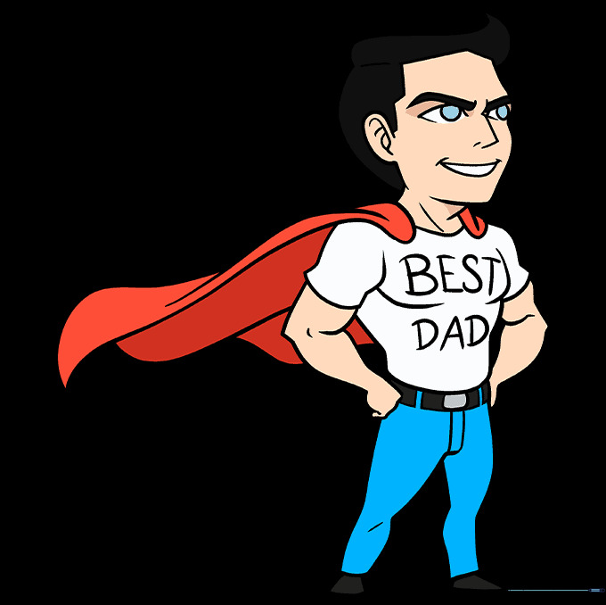The finished, colored Super Dad drawing.