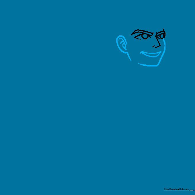 Drawing the jawline, ear, and smiling mouth of the cartoon superhero.