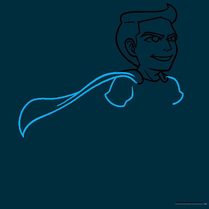 Adding the flowing cape lines behind the superhero's shoulders.