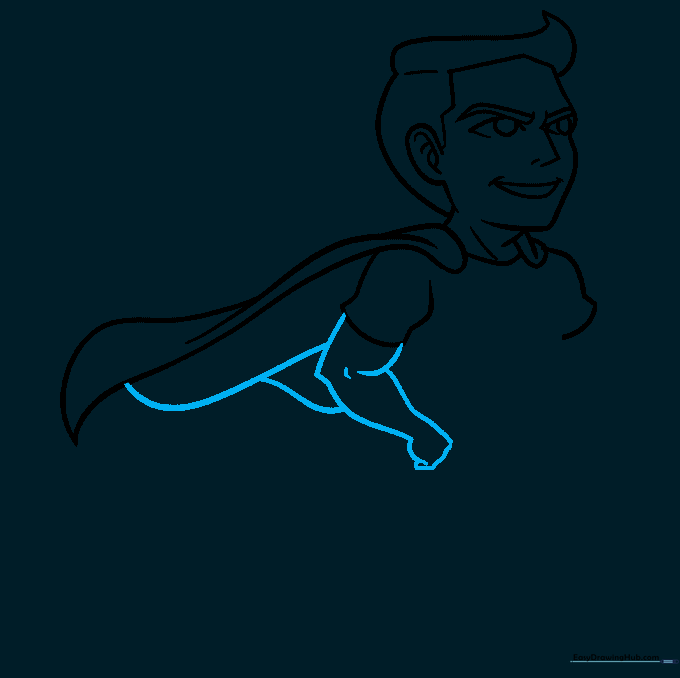 Sketching the muscular arm and hand of the superhero.