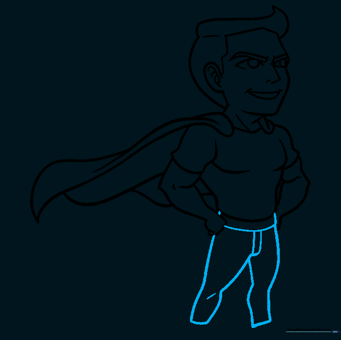 Drawing the superhero's belt and legs.